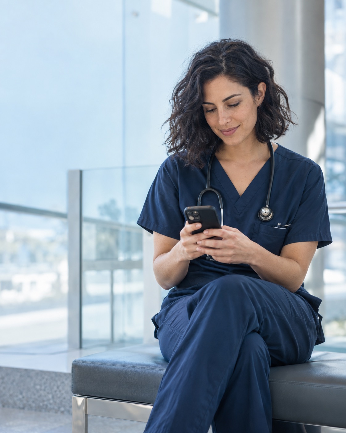 A doctor makes time for a quiet moment with her phone between shifts